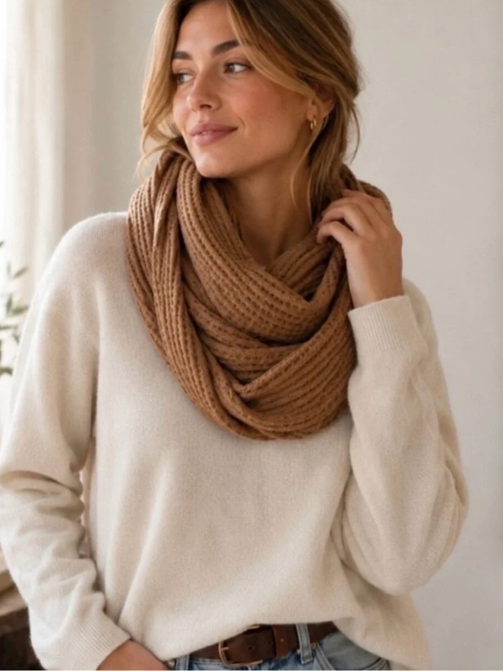 Beyond Yoga Waffle Knit Infinity Scarf Toffee Brown